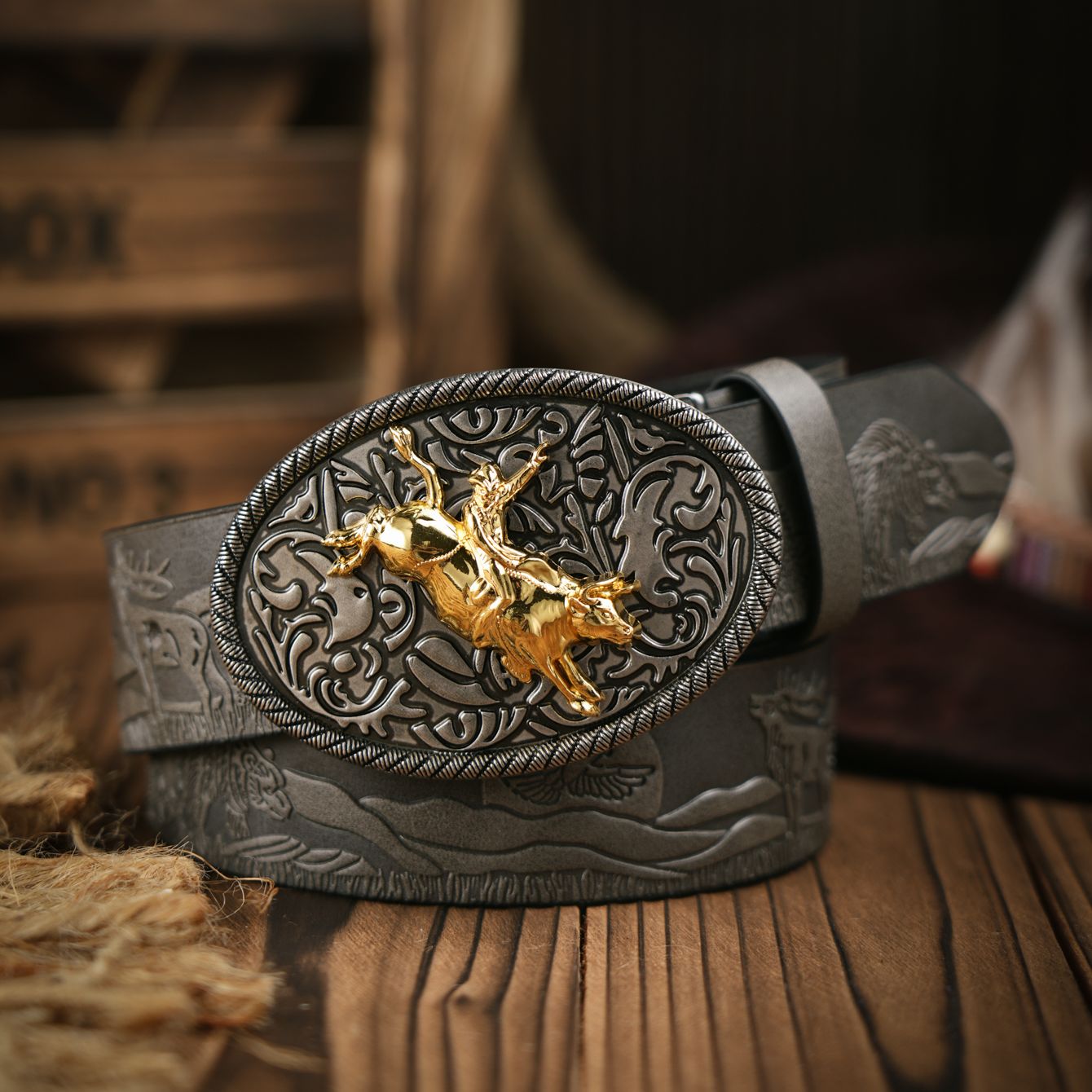 Ceinture en cuir PU Western Cowboy – Sangle de taille pour hommes, décoration de taureau, gravure florale pour jeans: GRIS
