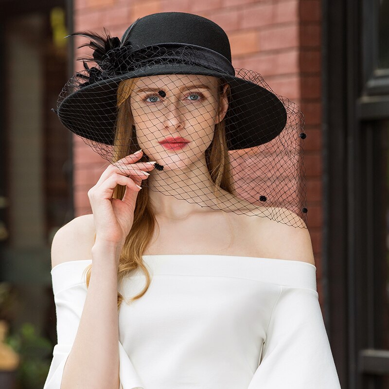 Lady Fedoras Hat Girls Wide Brim Wool Veil Hats Dome Party Cap Woolen Hats Hat Adjust A10: Default Title