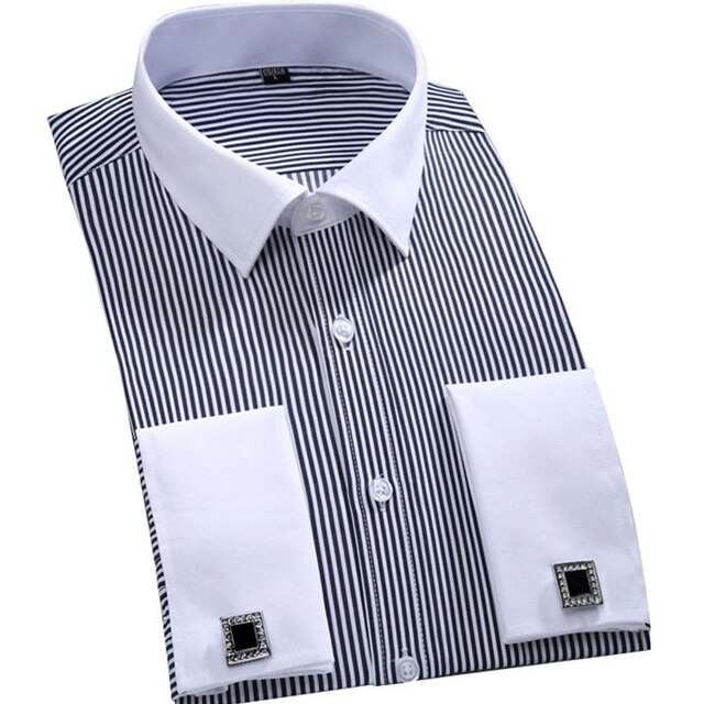 Klassisches, gestreiftes Hemd mit französischen Manschetten für Herren, einzelne aufgesetzte Tasche, Standard-Passform, langärmlige Hochzeitshemden (Manschettenknopf Ich bin Lieferumfang enthalten): XL / Armee Grün