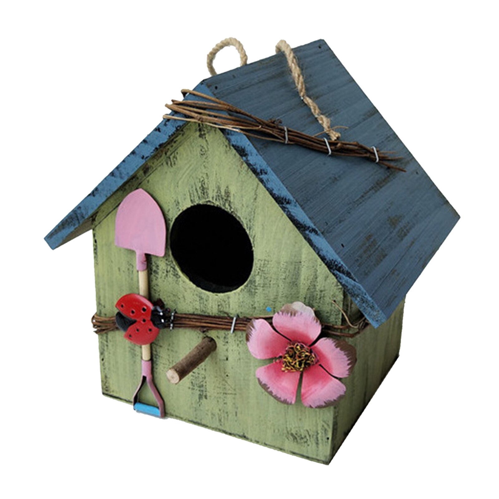 Wooden Bird House Box Outdoor Porch Birdhouses w/Jute Cord Yard Garden Decor: Green