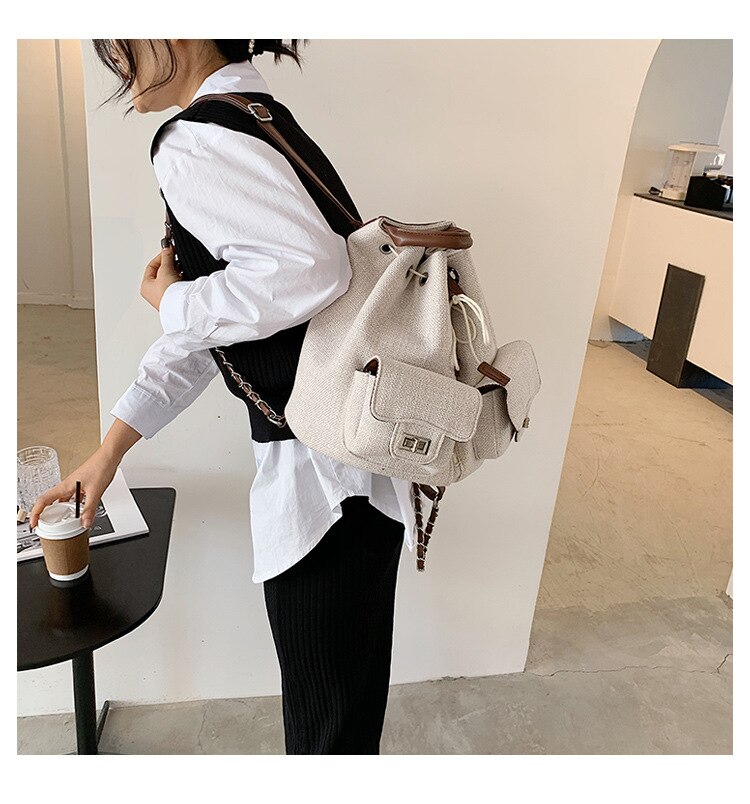 Mochila de algodón y lino para mujer, bolso escolar informal combina con todo, de viaje, de lona, nueva ,: Marfíl