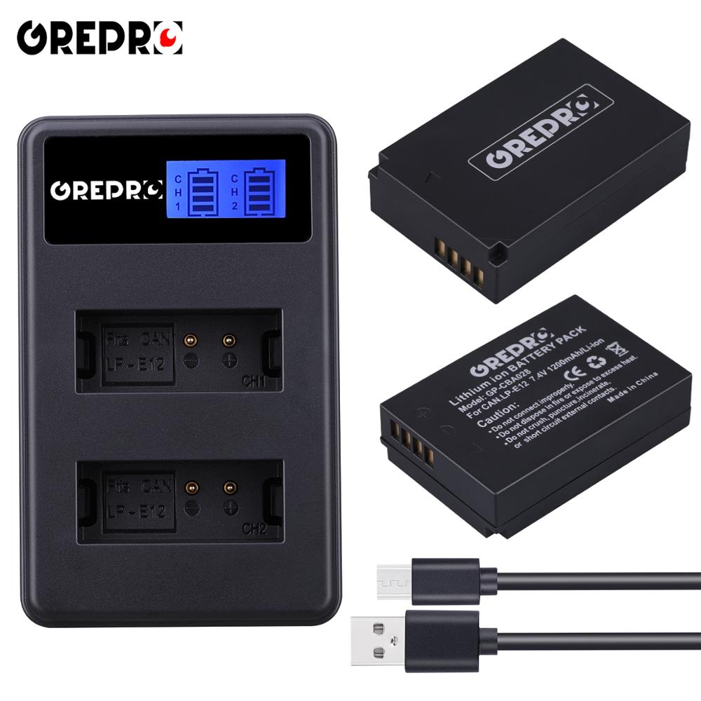 2 stuks 1200 mah lp -e12 lp e12 lpe 12 li- ion batterij + lcd usb dubbele oplader voor canon eos  m50,  eos  m100,100d kiss  x7 rebel  sl1 camera