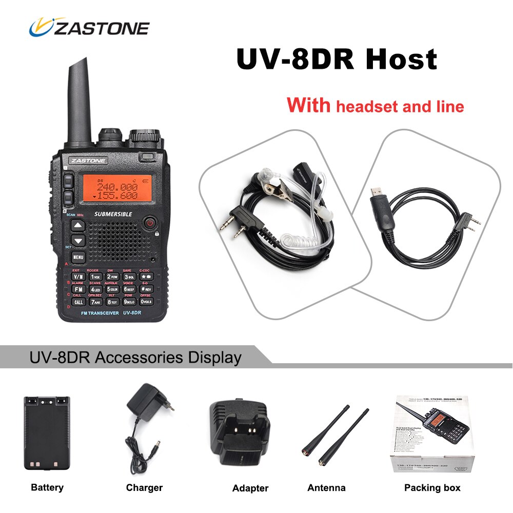 Walkie-talkie Zastone UV-8DR VHF/UHF 136-174MHz 240-260MHz 400-520MHz 128-MHz, Radio bidirectionnelle à trois bandes CH UV8DR: Headset and line