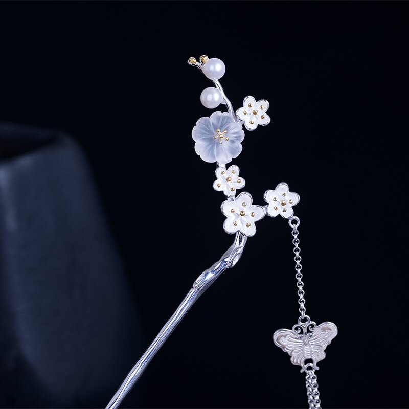 925 Sterling Silver Butterfly Tassel Chinese Style Hairpin Plum Blossom Flower Hair Stick Pin Metal Jewelry Accessories