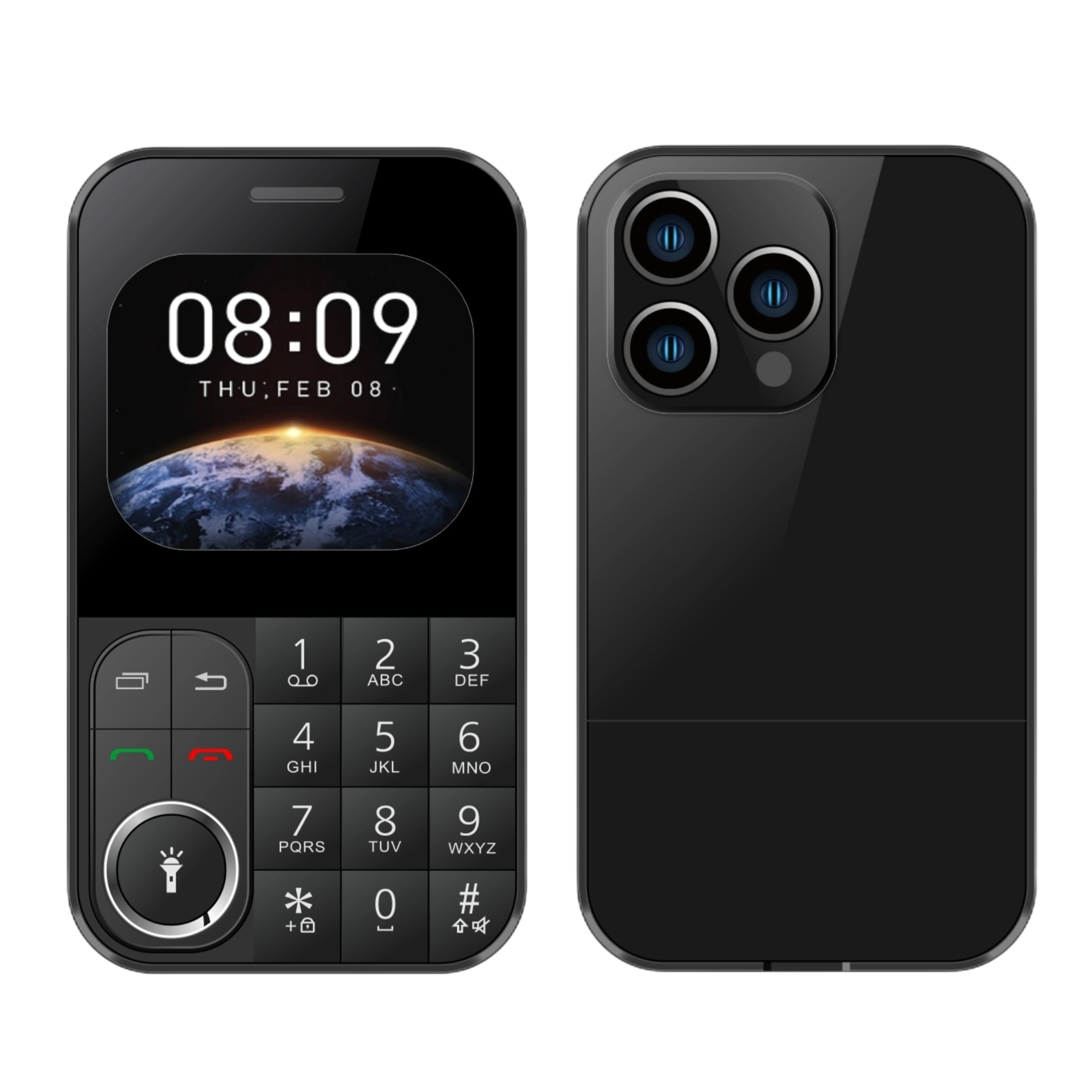 Tarjeta súper delgada para teléfono móvil, SIM Dual, pantalla HD de 2,0 pulgadas, tamaño de bolsillo, cambiador de voz mágico, botón grande, Dial LED de 8 velocidades: Negro