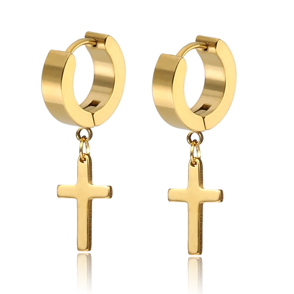6 Style 316L Stainless Steel Dangle Round Cross Leaf Earring for Men Women Cool Punk Eboy Stud Earring Set: Style B  Gold
