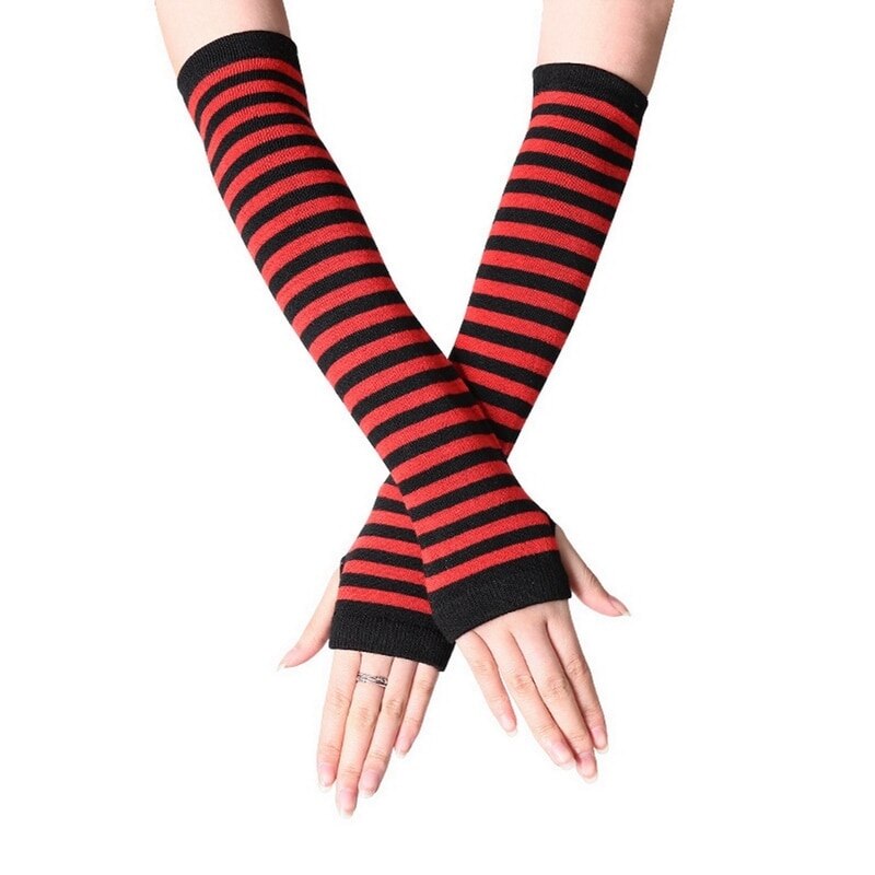 Women Lady Striped Elbow Gloves Warmer Knitted Long Fingerless Gloves Elbow Mittens Christmas Accessories: 11