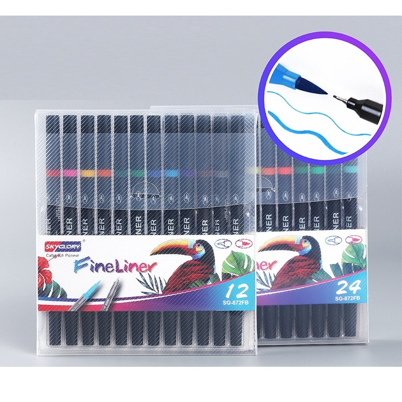 12/24 farver dobbelt spids penselpen highlighter fed fine liner kalligrafi tegning signatur kunst maleri skolebørn  a6855