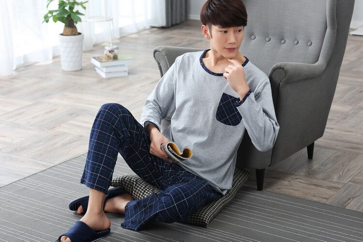 2019no brand men cloth cotton o-neck collar long grey coat and blue plaid pants: XXXL