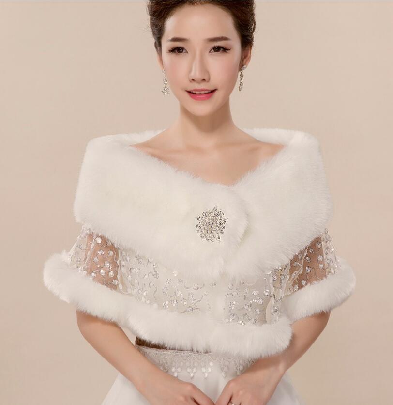 Mariée mariage châle automne hiver en peluche dentelle strass châles Cape mariée châle robe de mariée dentelle fausse fourrure châle