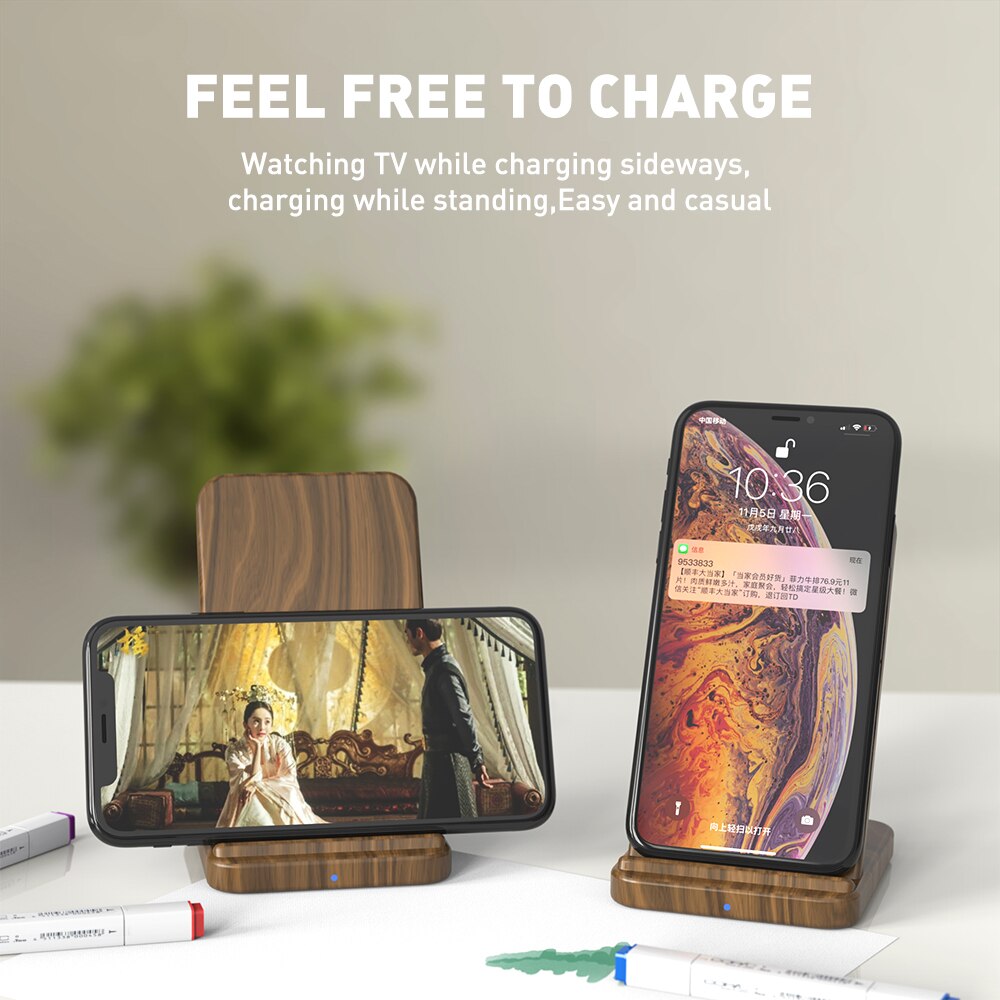 KEYSION 10W Wooden Qi Wireless Charger for iPhone 11 Pro Max XR XS Max 8Plus fast Wireless Charging Stand for Samsung S20 S10 S9