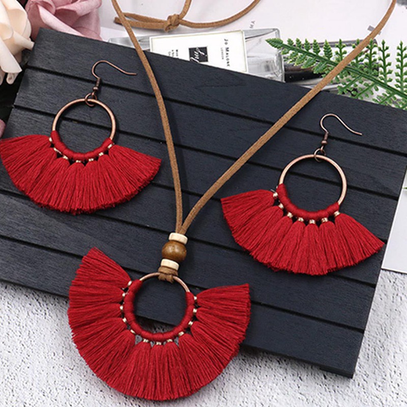 conjunto de joyería de borlas coloridas tejido hecho a mano COLLAR COLGANTE de suéter de cadena larga rojo multicolor amarillo para mujer conjuntos
