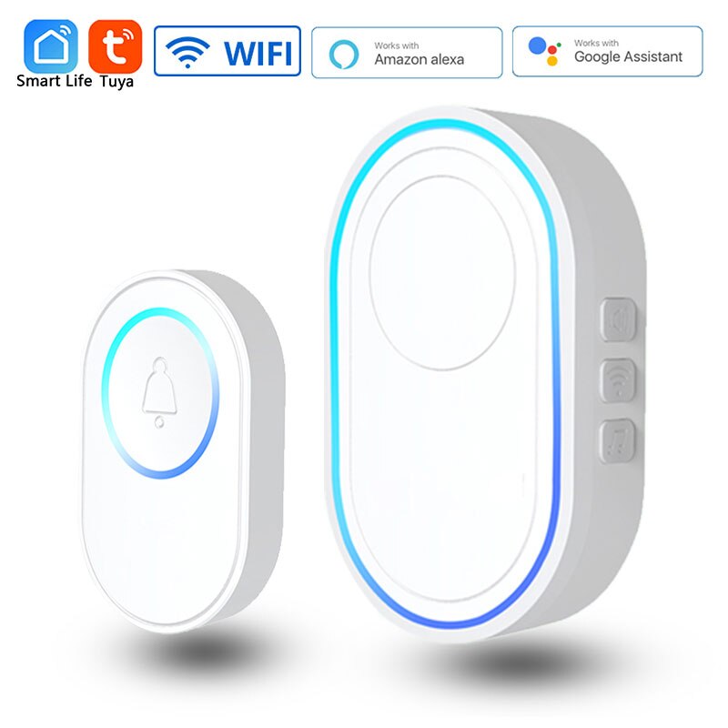 Wireless WiFi Doorbell Tuya Smart Home Security Alarm System Connect 433MHz Detector Alert Mode Welcome Doorbell LED Lights Kit: Blue