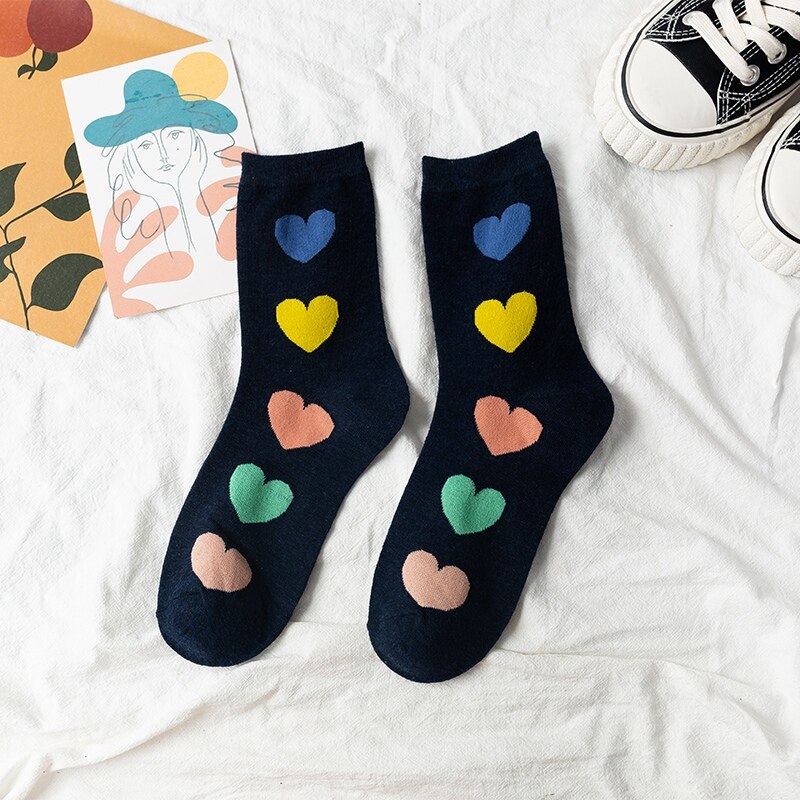 Grappige katoenen sokken dames schattig hart kleurrijk casual harajuku japans koreaans middelbare school meisjes crew pop socket: Diepblauw