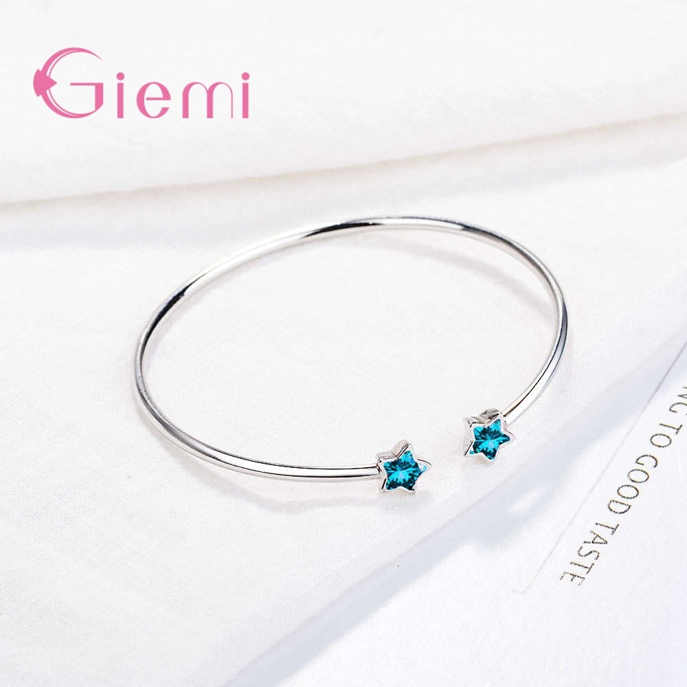 Pulsera abierta de Plata de Ley 925 para mujer, Simple, dos lindos, estrella azul, joyería de San Valentín, de amor