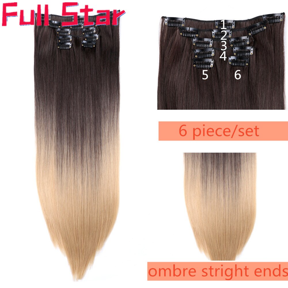 La estrella de 6 piezas de 22 "Ombre Clip en extensiones de cabello pelo sintético negro a Marrón castaño destacar negro para las mujeres blancas