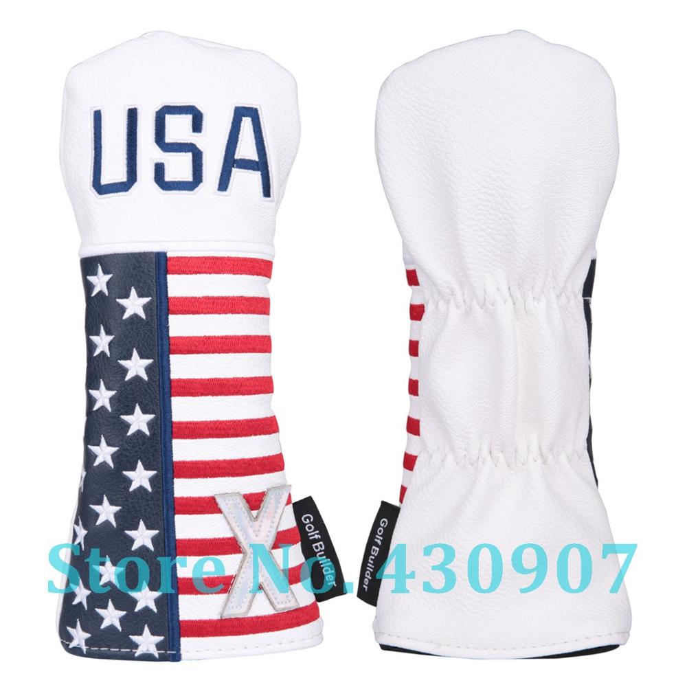 White PU Leather with USA Embroidery and 1/3/5/X Golf Club Driver Fairway Wood Hybrid Head Cover Golf Wood Headcover