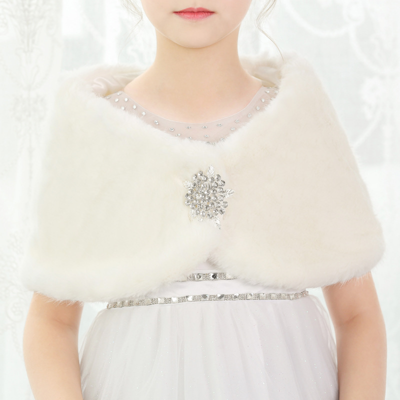 Veste en fausse fourrure blanche pour enfants, Cape de mariage pour filles, enveloppes de robe de Communion, Cape boléro d&#39;hiver, veste avec broche châle