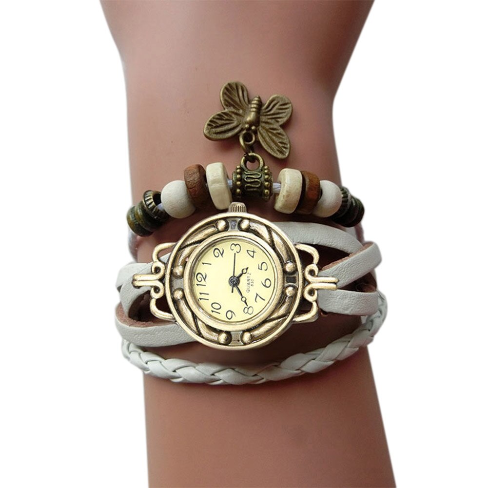 Vrouwen Retro Armband Polshorloge Weave Wrap Faux Lederen Vlinder Kralen Hanger Chain K2: WHITE