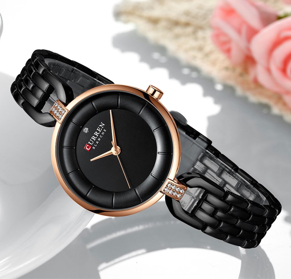 Curren zwarte dameshorloge met armband, luxe quartz analoog roestvrij staal, waterdichte dameshorloges