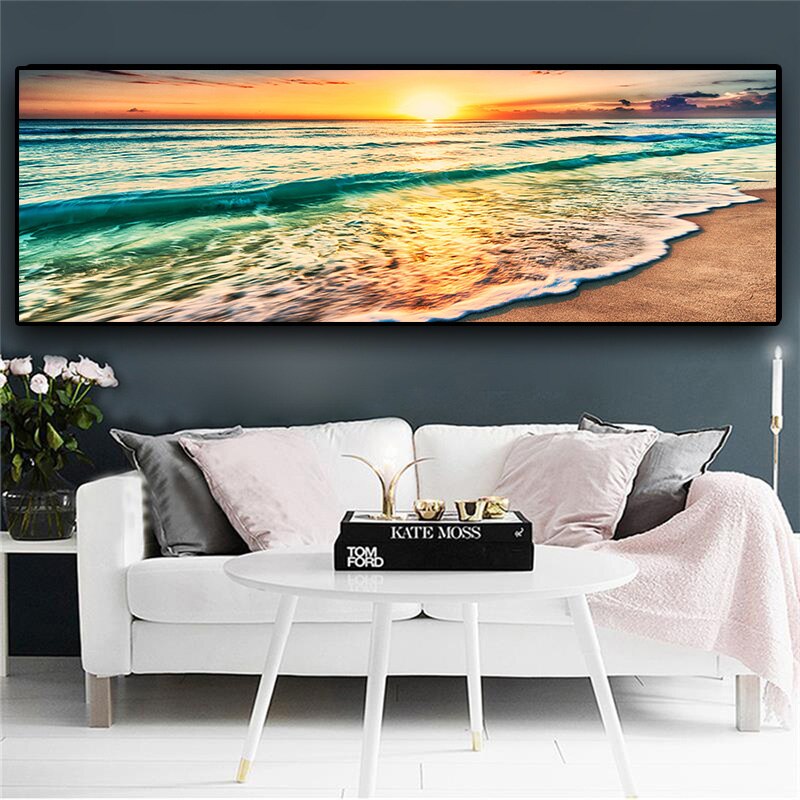 Naturlig guld strand solnedgang landskab plakater og print lærred maleri middelhavs skandinavisk væg kunst billede til stuen