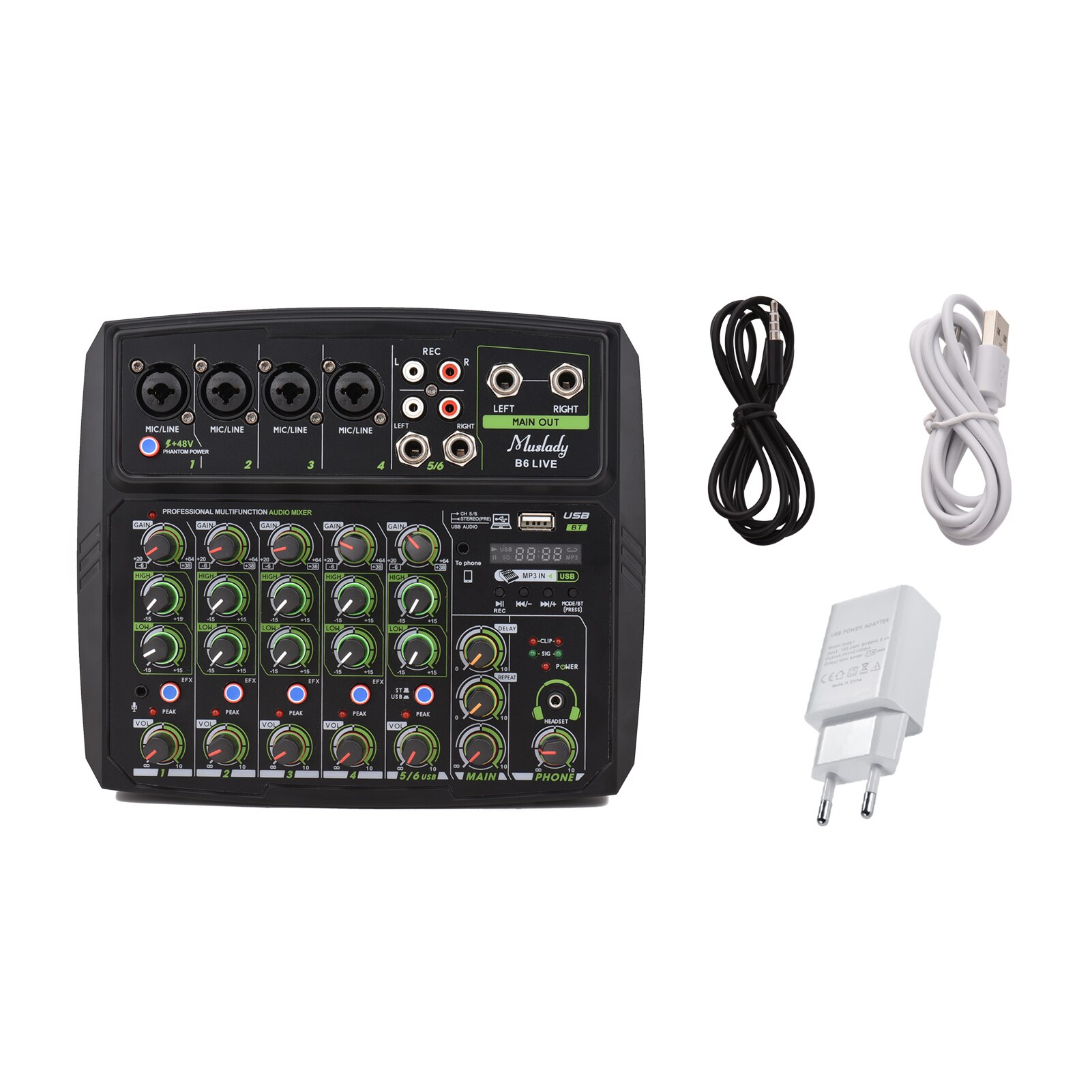 Muslady 4 / 6-Channel Audio Mixer Mixing Console LED Screen Built-in Soundcard BT Connection with 2-band EQ Gain Delay Control