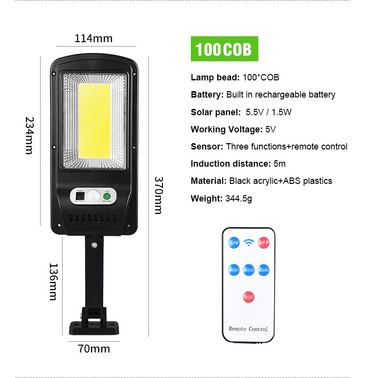 Motion Sensor Solar Led Light Remote Outdoor Wall Street Light Waterproof Human Body Induction Garden Multi-Mode Solar Lamps: 100 COB