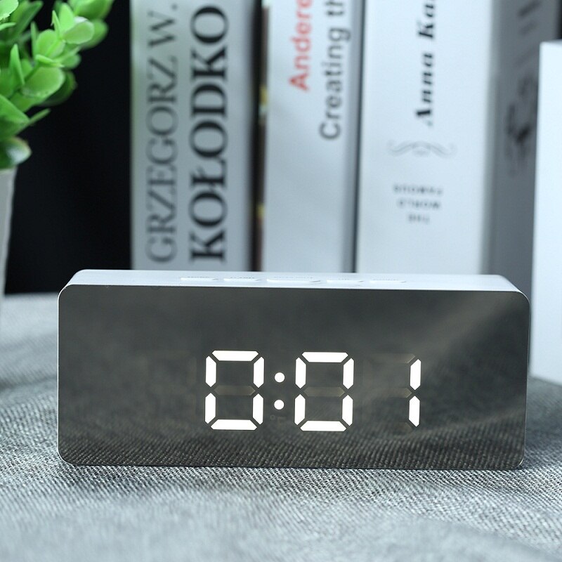 LED Electronic Alarm Clock USB Digital Mirror Clock Morning Table Clock Wake Up Light Time Temperature Display Home Decoration: Rectangle No Adapter
