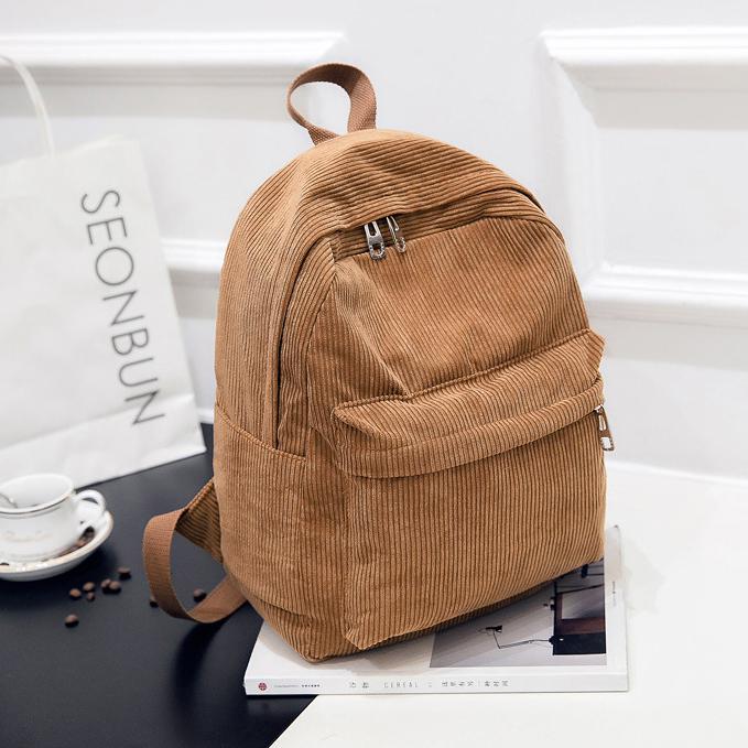 Corduroy Backpack Women School Backpack Pure Color Women Backpack Teenger Girl School Bags Female Mochila Bagpack Pack: Khaki