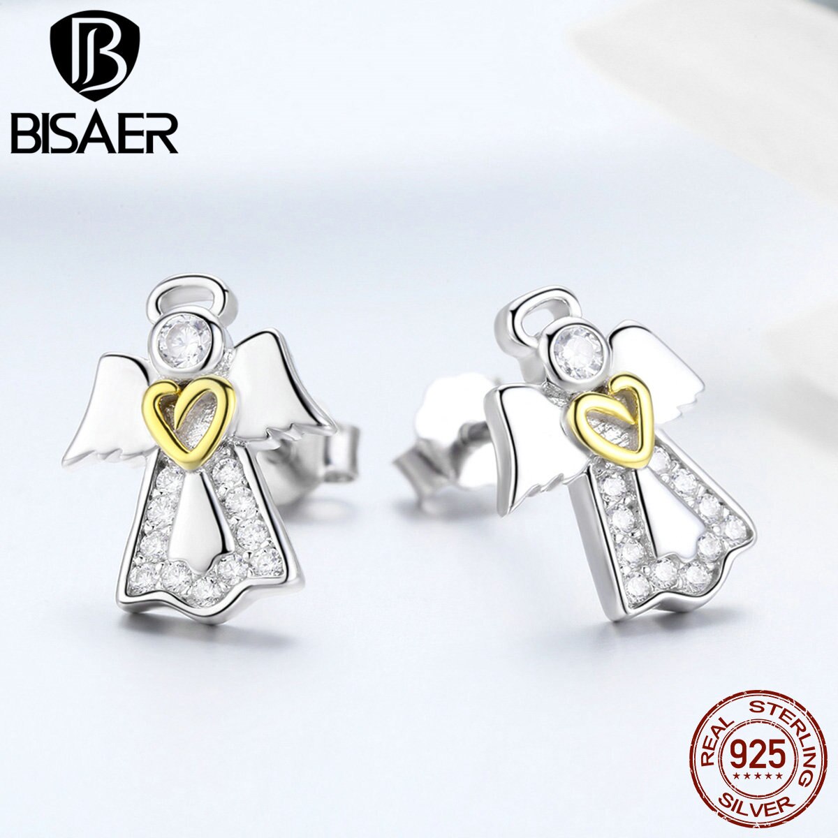 BISAER Glückliche Vormund 925 Sterling Silber Engel Flügel Stud Ohrringe für Frauen Zirkon Engel Ohrringe Stud Silber Schmuck ECE476