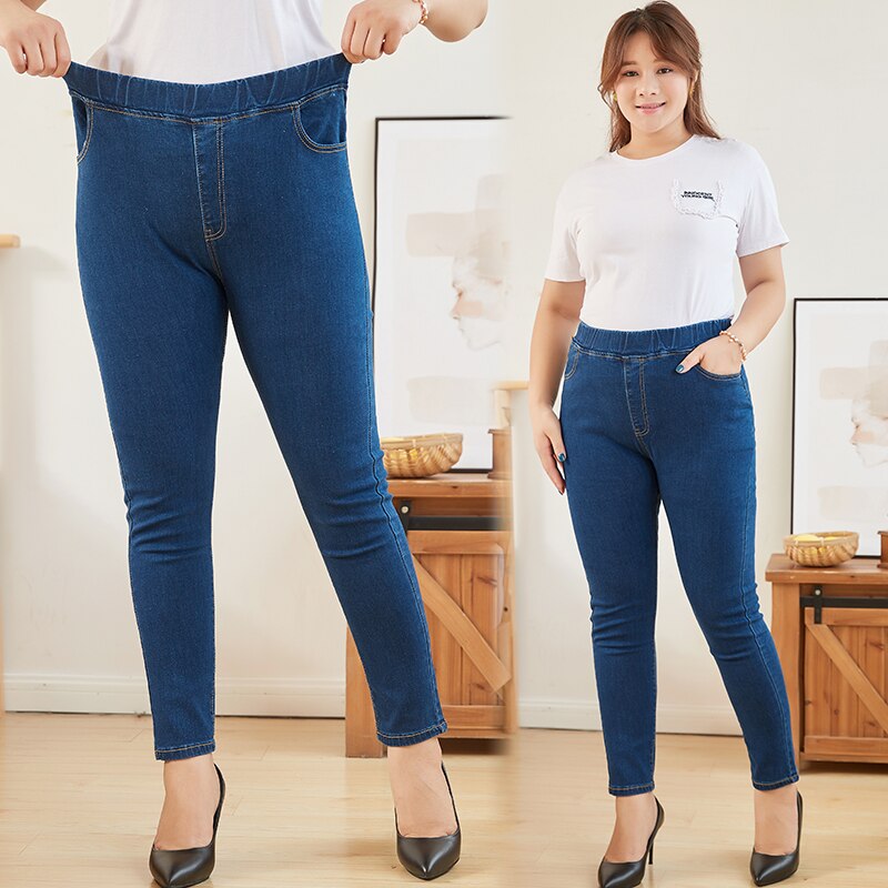 Plus Size Kleding L-6XL Vrouwen Elastische Taille Jeans Hoge Taille Skinny Bochtige Denim Mom Jeans Toevallige Potlood Broek Dame broek