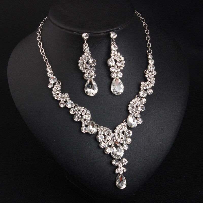 Vintage Water Crystal Hanger Ketting Oorbellen Goud Kleur Choker Sieraden Set Voor Vrouwen Engagement Bruids Sieraden Set