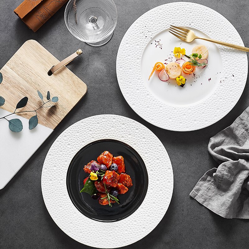 Plato de cerámica blanco y negro para comida occidental, sencillo y moderno para el hogar, redondo, Ramen, ensalada y postre, vajilla comercial