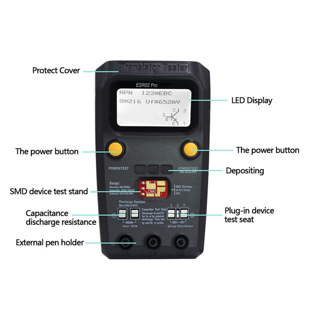 ESR02 pro Multi-purpose Transistor ESR/SMD Tester Smart Diode Triode Capacitance Resistor Meter LCD meter MOS/PNP/NPN Tester