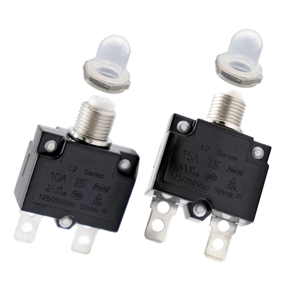 2PCS 15 Amp 10 Amp DC Thermal Circuit Breaker with Quick Connect Terminal & Transparent Waterproof Button Cover