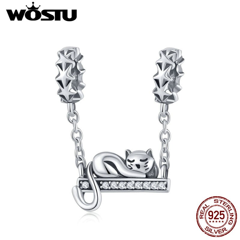 Wostu 925 Sterling Zilver Leuke Kat Liggen Swing Huisdier Charmes Fit Armband Hanger Kraal Vrouwen Mode-sieraden FIC856