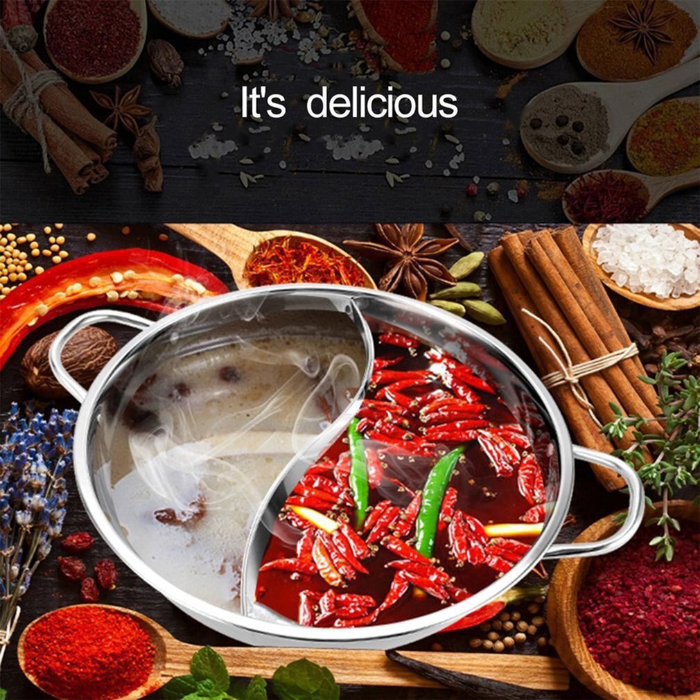 30cm Stainless Steel Pot With Divider Single-layer Thicken Soup Binaural Mandarin Duck Fondue Cooking Pot Kitchen Cookware