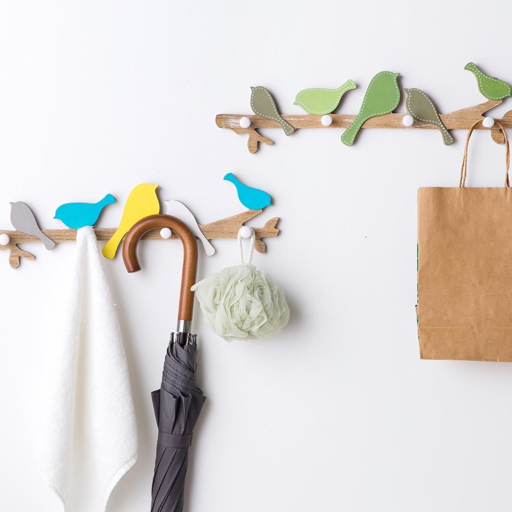 Houten Zingen Vogel Muur Hanger Haken Rek Kleren Hoed Sleutel Paraplu Organizer Met 4 Haken Kinderen Thuis Kamer Decoraties
