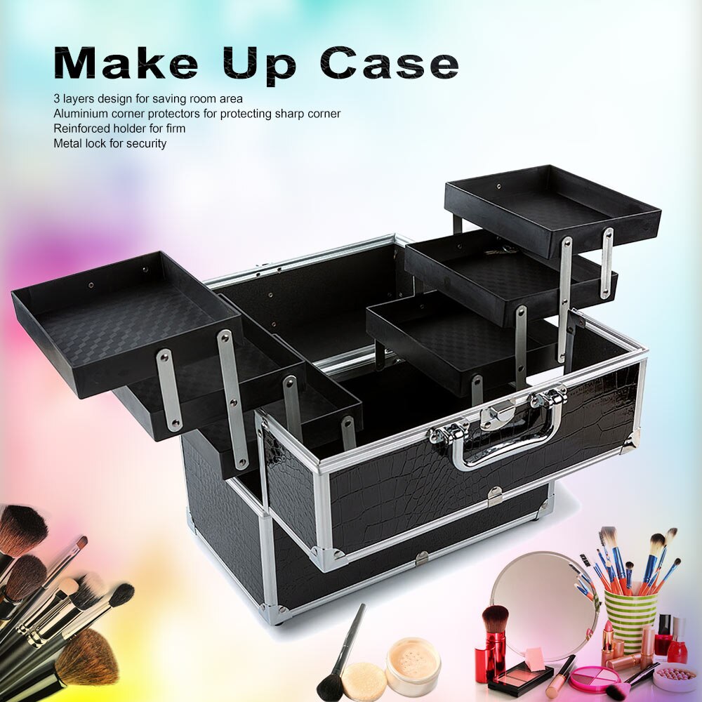 Met Opbergdoos Groter Capacityblack 3-Layer Afsluitbare Cosmetische Organizer Box Professionele Make-Up Case Voor Make Up Gereedschap