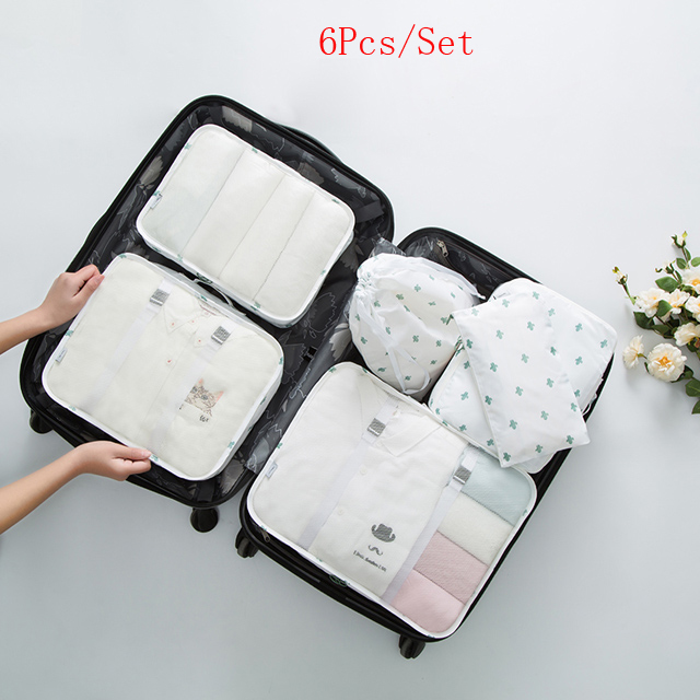 6Pcs/9 Stks/set Reizen Verpakking Cube Ondergoed Bagage Schoenen Kleding Organizer Waterdichte Reistassen Kleding Sorteren Organiseer Bag: 6Pcs-White cactus