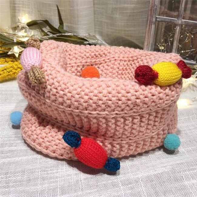 Höst vinter pojkar tjejer halsduk baby barn halskrage färgglad pompom godis halsduk varm tjock stickad ull barn o ring halsdukar: Rosa