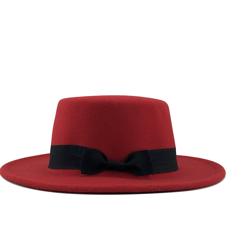 white Wool Boater Flat Top Hat For Women's Felt Wide Brim Fedora Hat Laday Prok Pie Chapeu de Feltro Bowler Gambler Top Hat: red