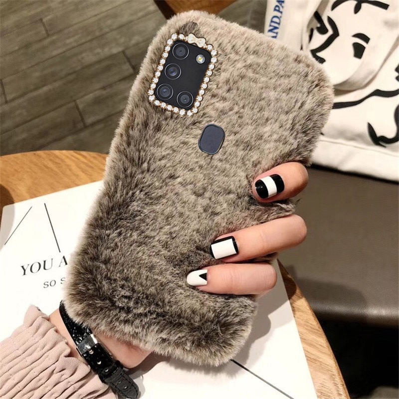 Voor Samsung A21S Case Houden Warme Pluche Konijnenbont Shiny Diamond Silicone Cover Voor Samsung A21S Een 21S a217 Telefoon Gevallen Cover: Bruin