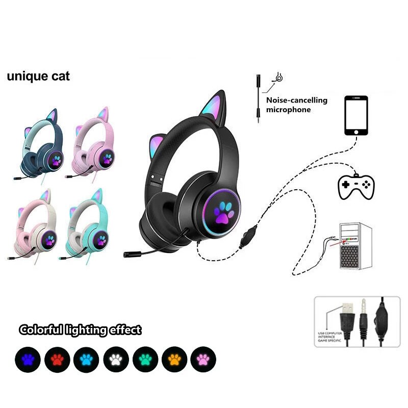 AKZ-022 Cat Ear Wired Gaming Earphone 7.1 Channel LED Lighting Over-head Headphone Headset With Noise Reduction Mic For Gamer