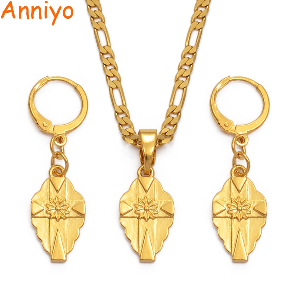 Anniyo Kleine Cross Hanger Kettingen Oorbellen Sets Vrouwen Girsl Goud Kleur Micronesië Guam Hawaiian Sieraden Chuuk Kruisen #216106