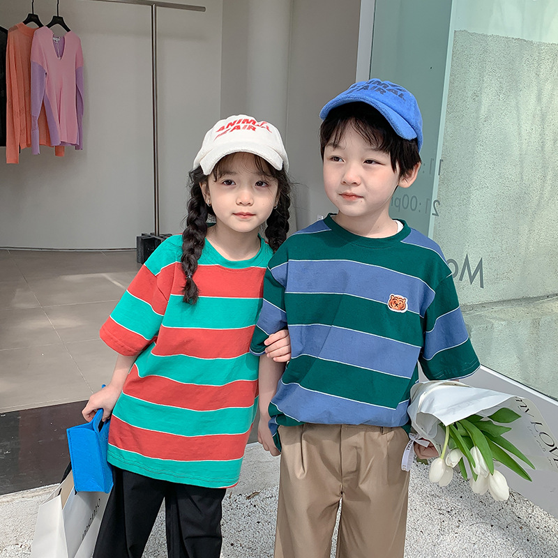 Kids summer striped cotton T shirts Boys and girls Tiger head embroidery Tees Children short sleeve Tops