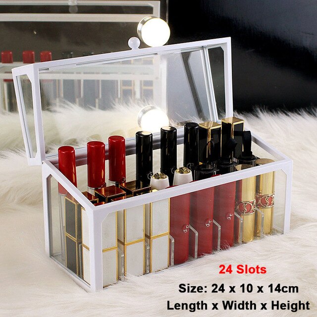 15/24/40 Slots Glass Lipstick Holder Dustproof Display Case Beauty Storage Box Luxury Makeup Organizer with Removable Dividers: White 24 Slots