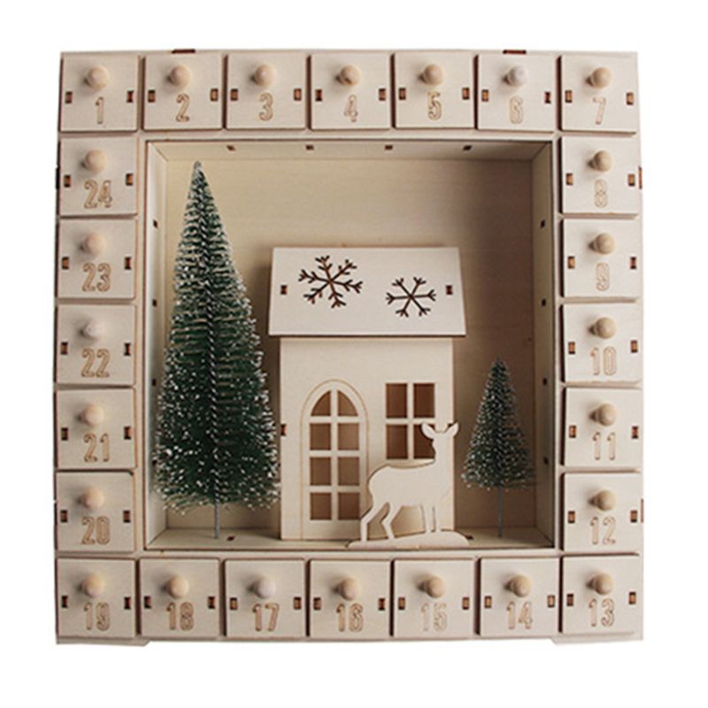 Christmas Tree Wooden Advent Calendar Countdown Decoration 24 Drawers with LED Light: 1
