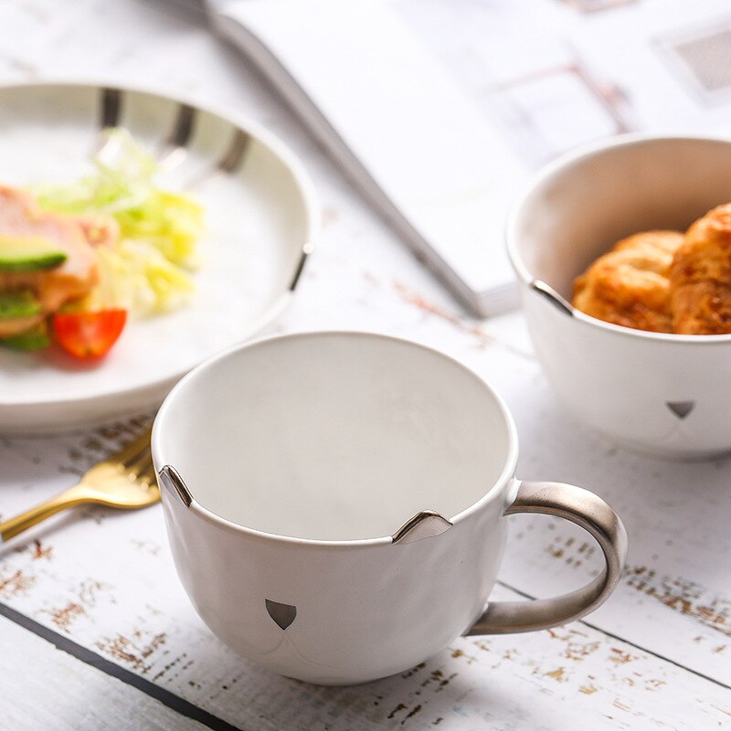 Cat Gold/Silver Inlay Ceramic Dinnerware Breakfast Plate Salad Bowl Fruit Snack Dish Restaurant Coffee Mugs Matte Tumbler