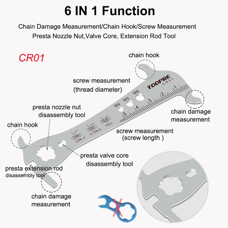Bicycle Chain Checker Stainless Steel MTB Bike Chain Hook Screw Measuring Ruler Wear Gauge Calipers 6 In 1 Multifunction Tool